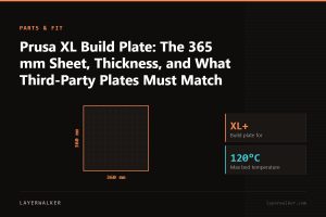 Diagram: build plate for the XL+, 360 by 360 mm, max bed temperature 120 C.