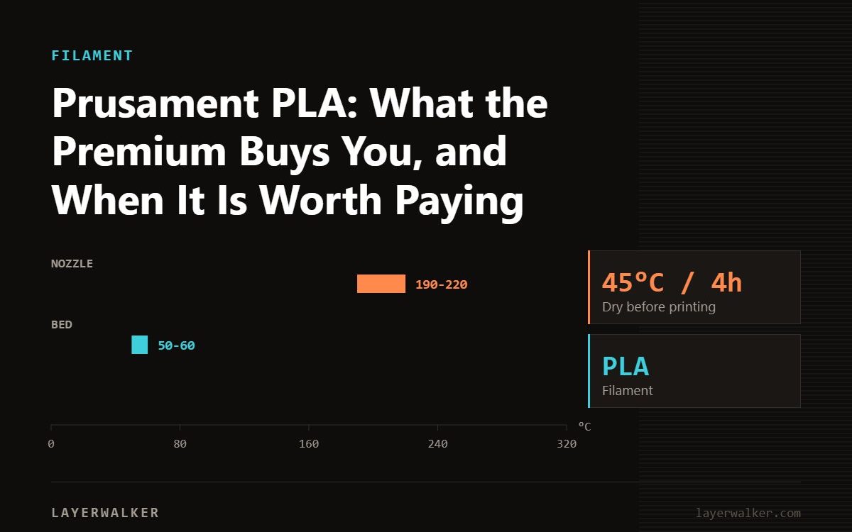 Temperature chart for PLA: nozzle 190 to 220 C, bed 50 to 60 C, dry at 45 C for 4 hours.