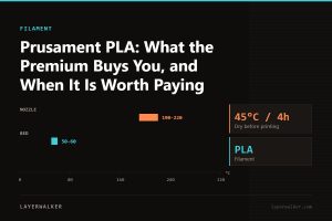 Temperature chart for PLA: nozzle 190 to 220 C, bed 50 to 60 C, dry at 45 C for 4 hours.