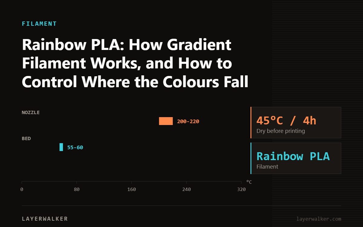 Temperature chart for Rainbow PLA: nozzle 200 to 220 C, bed 55 to 60 C, dry at 45 C for 4 hours.