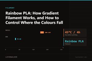Temperature chart for Rainbow PLA: nozzle 200 to 220 C, bed 55 to 60 C, dry at 45 C for 4 hours.