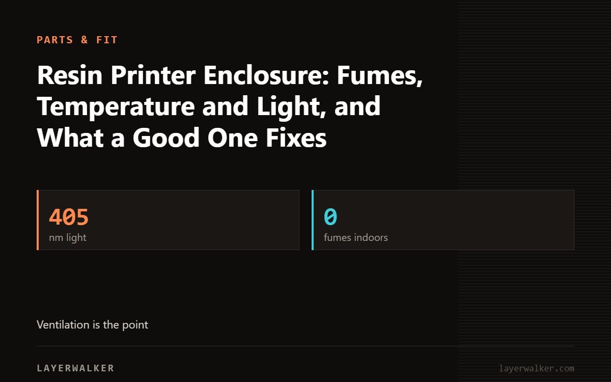 Key figures for Resin Printer Enclosure: Fumes, Temperature and Light, and What a Good One Fixes: 405 nm light, 0 fumes indoors.
