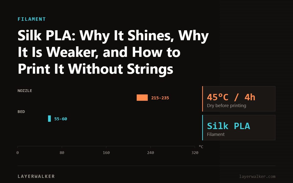 Temperature chart for Silk PLA: nozzle 215 to 235 C, bed 55 to 60 C, dry at 45 C for 4 hours.