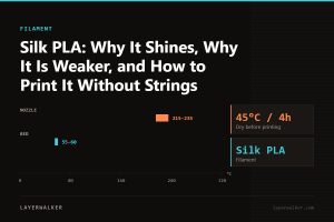 Temperature chart for Silk PLA: nozzle 215 to 235 C, bed 55 to 60 C, dry at 45 C for 4 hours.