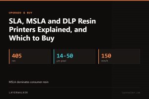 Key figures for SLA, MSLA and DLP Resin Printers Explained, and Which to Buy: 405 nm, 14-50 µm pixel, 150 mm/h.