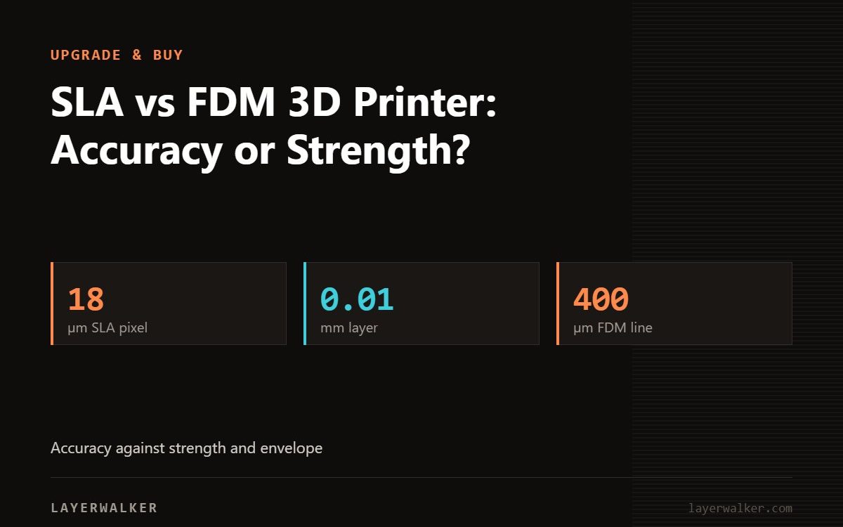 Key figures for SLA vs FDM 3D Printer: Accuracy or Strength?: 18 µm SLA pixel, 0.01 mm layer, 400 µm FDM line.