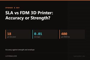 Key figures for SLA vs FDM 3D Printer: Accuracy or Strength?: 18 µm SLA pixel, 0.01 mm layer, 400 µm FDM line.