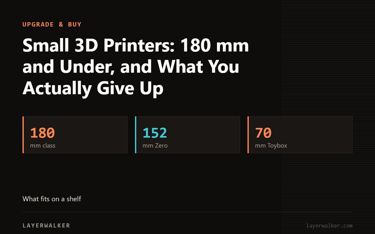 Key figures for Small 3D Printers: 180 mm and Under, and What You Actually Give Up: 180 mm class, 152 mm Zero, 70 mm Toybox.