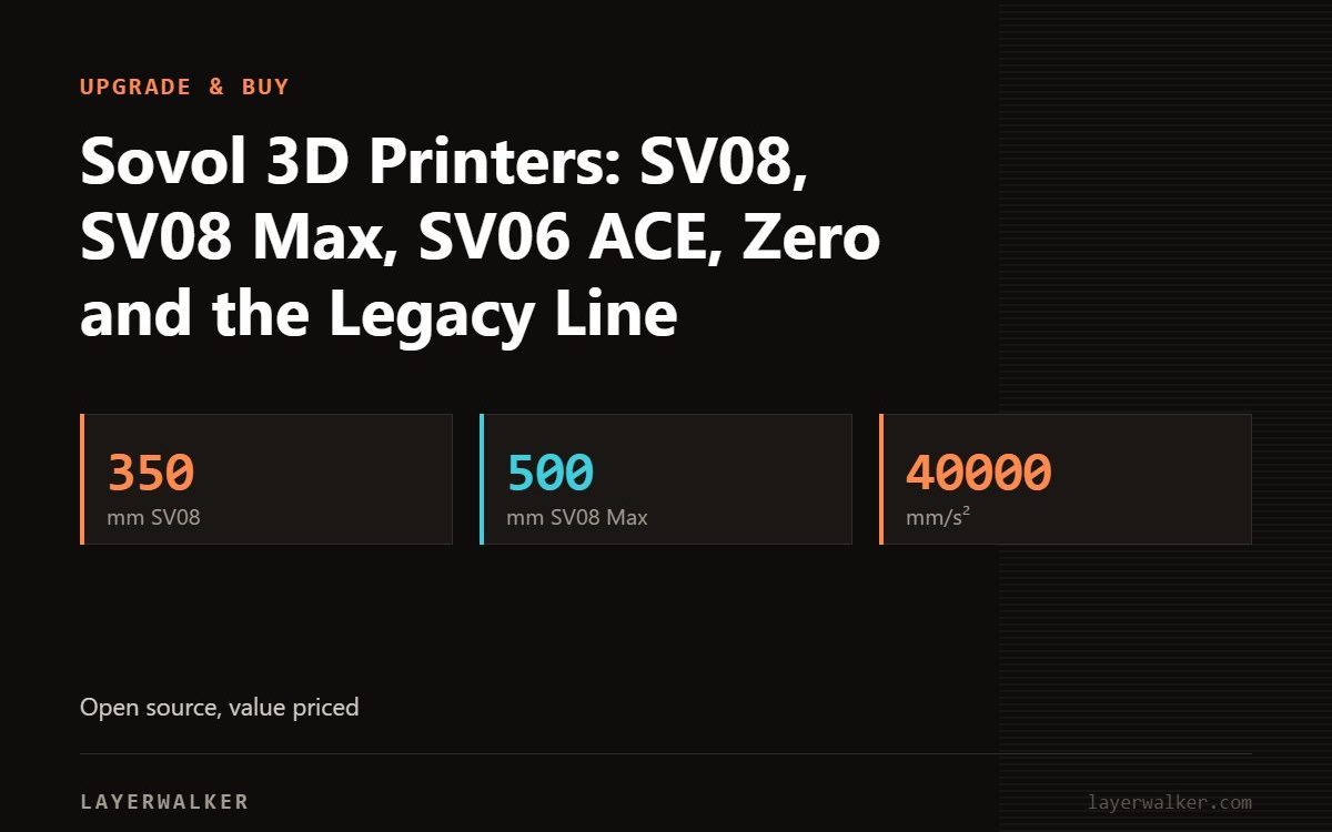 Key figures for Sovol 3D Printers: SV08, SV08 Max, SV06 ACE, Zero and the Legacy Line: 350 mm SV08, 500 mm SV08 Max, 40000 mm/s².