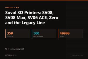 Key figures for Sovol 3D Printers: SV08, SV08 Max, SV06 ACE, Zero and the Legacy Line: 350 mm SV08, 500 mm SV08 Max, 40000 mm/s².