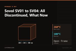 Diagram: SV01 build volume 280 by 240 by 300 mm against a 256 mm class reference, with max nozzle 260 C and max bed 100 C.