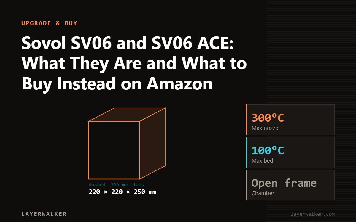 Diagram: SV06 build volume 220 by 220 by 250 mm, shown against a 256 mm class reference, with max nozzle 300 C and max bed 100 C.