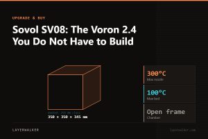 Diagram: SV08 build volume 350 by 350 by 345 mm, shown against a 256 mm class reference, with max nozzle 300 C and max bed 100 C.