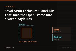 Diagram: enclosure around a SV08 with a 350 by 350 by 345 mm build volume.