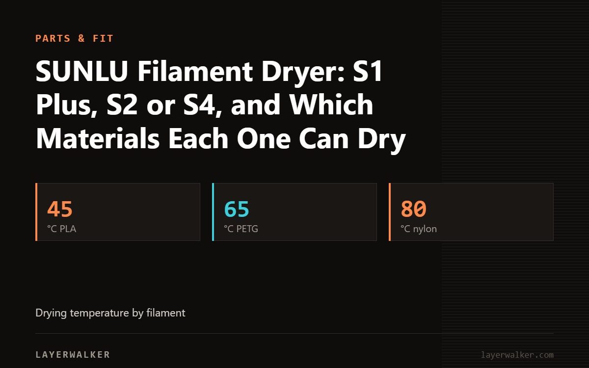 Key figures for SUNLU Filament Dryer: S1 Plus, S2 or S4, and Which Materials Each One Can Dry: 45 °C PLA, 65 °C PETG, 80 °C nylon.