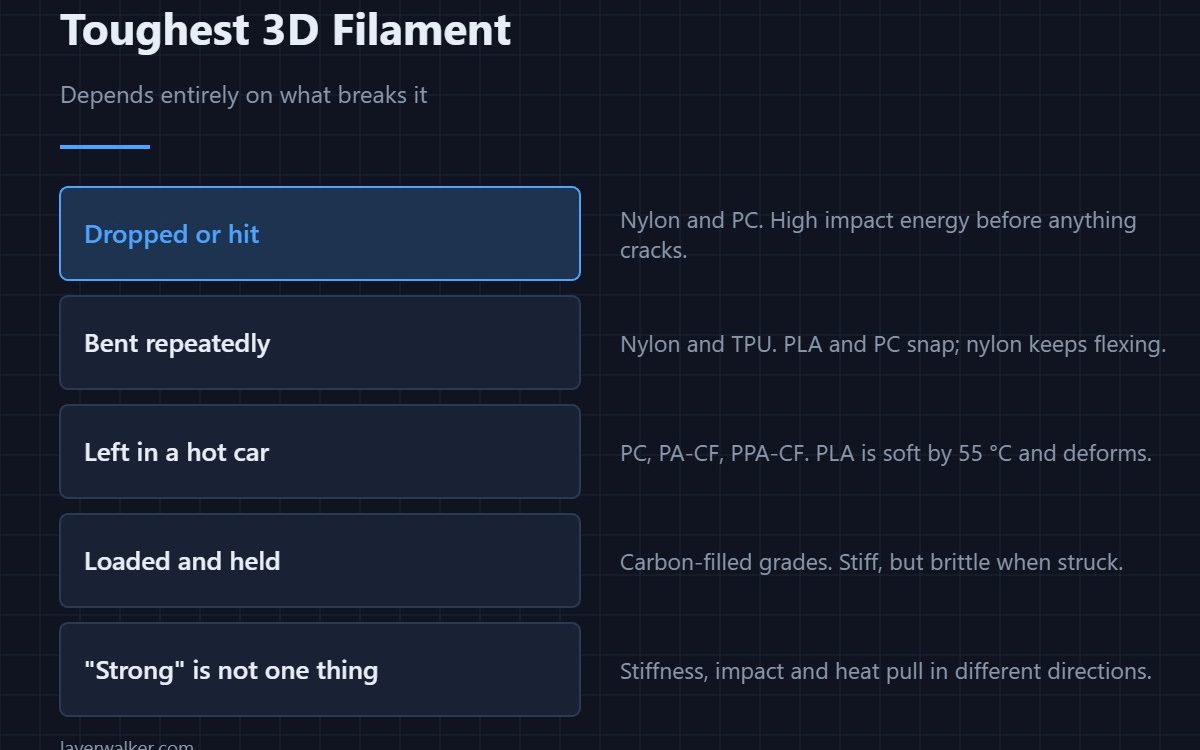 Toughest 3D Filament — Depends entirely on what breaks it