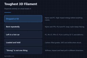 Toughest 3D Filament — Depends entirely on what breaks it