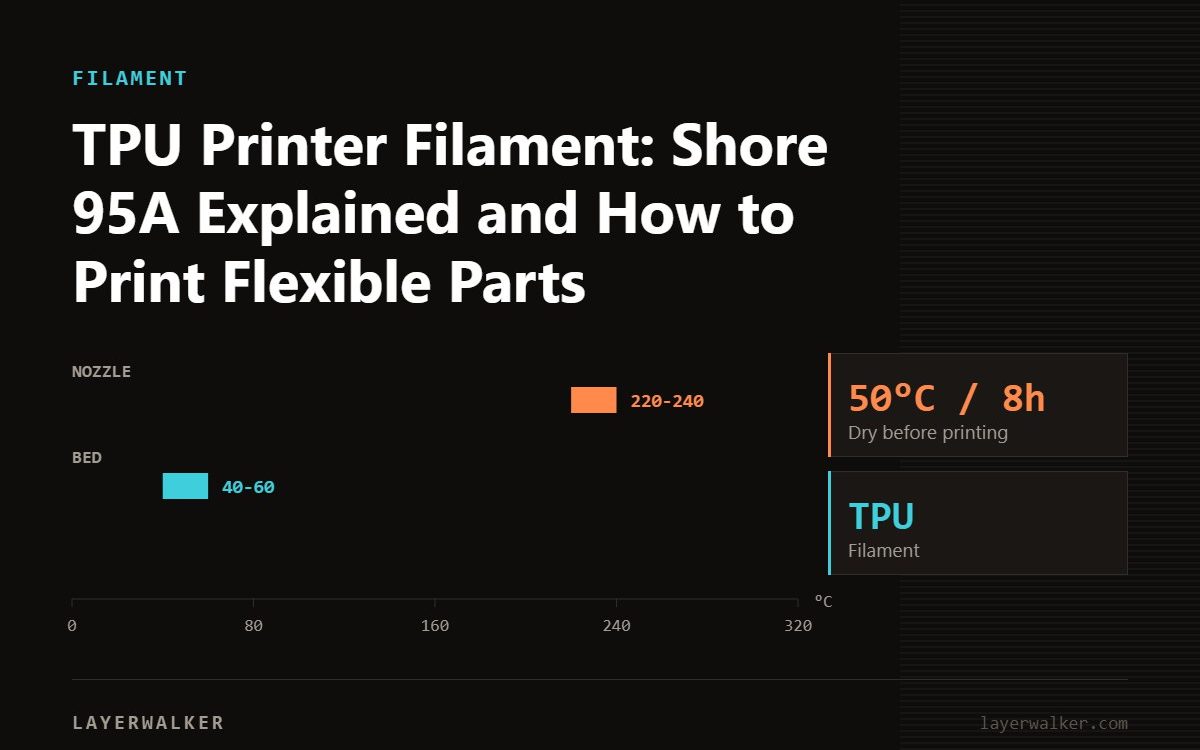Temperature chart for TPU: nozzle 220 to 240 C, bed 40 to 60 C, dry at 50 C for 8 hours.