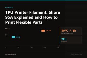 Temperature chart for TPU: nozzle 220 to 240 C, bed 40 to 60 C, dry at 50 C for 8 hours.