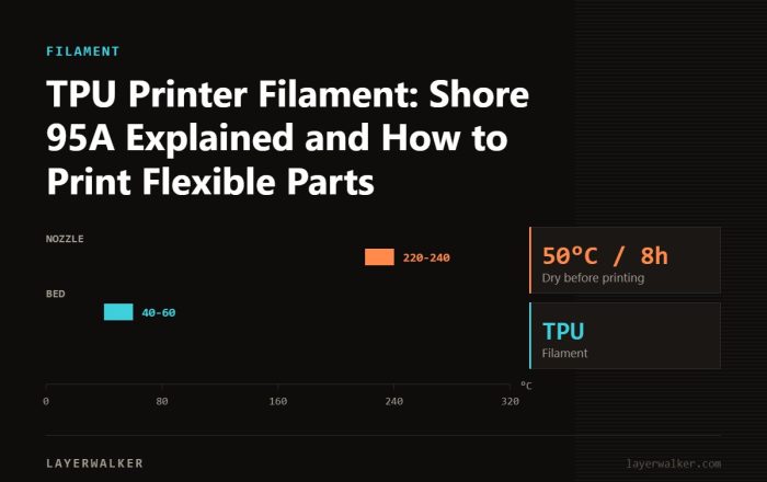 Temperature chart for TPU: nozzle 220 to 240 C, bed 40 to 60 C, dry at 50 C for 8 hours.