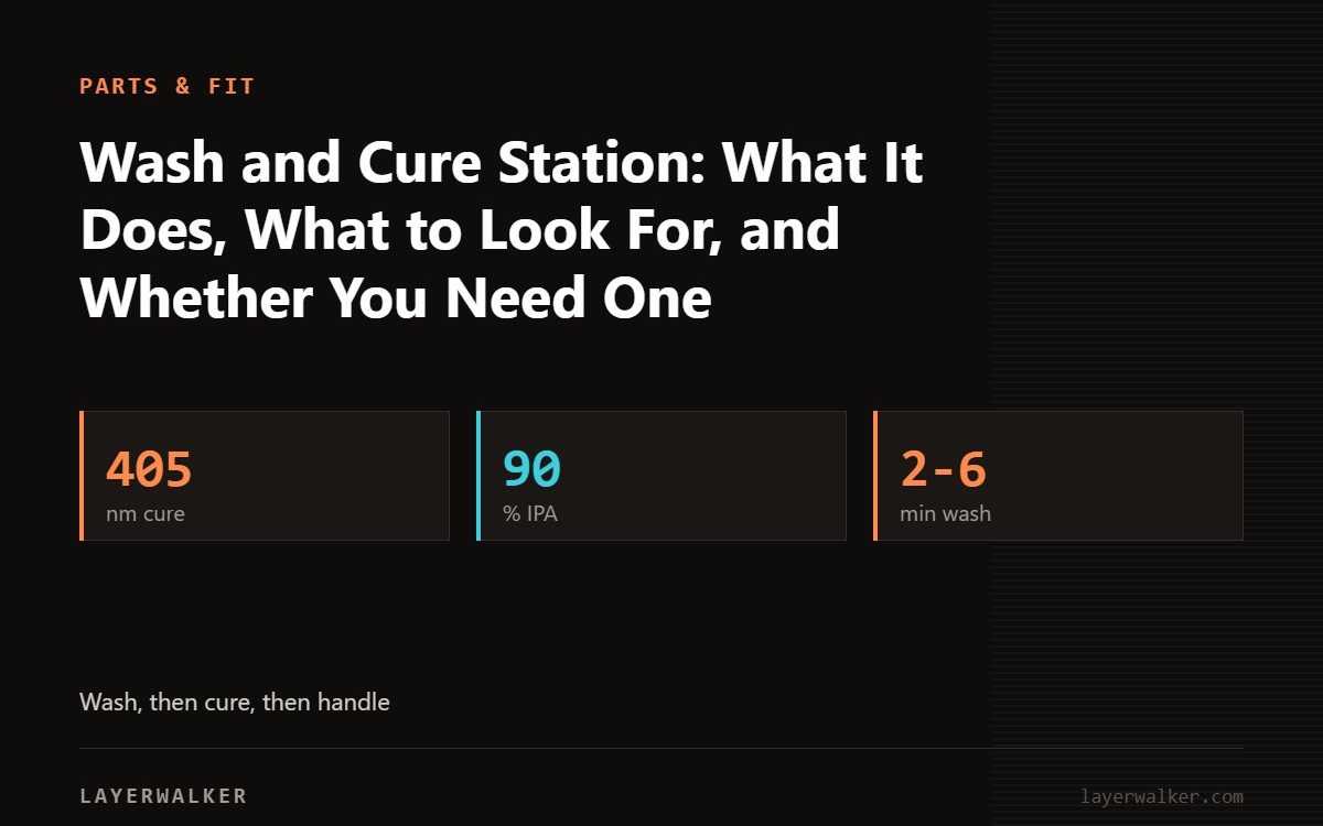 Key figures for Wash and Cure Station: What It Does, What to Look For, and Whether You Need One: 405 nm cure, 90 % IPA, 2-6 min wash.