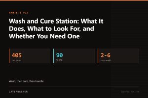 Key figures for Wash and Cure Station: What It Does, What to Look For, and Whether You Need One: 405 nm cure, 90 % IPA, 2-6 min wash.