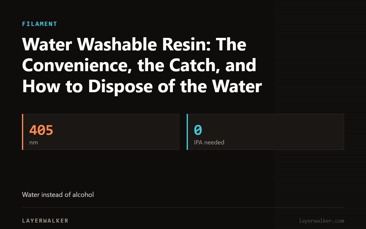 Key figures for Water Washable Resin: The Convenience, the Catch, and How to Dispose of the Water: 405 nm, 0 IPA needed.