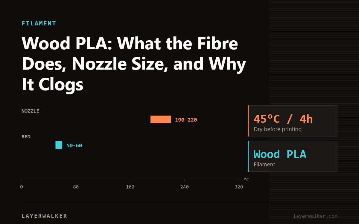 Temperature chart for Wood PLA: nozzle 190 to 220 C, bed 50 to 60 C, dry at 45 C for 4 hours.