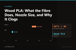 Temperature chart for Wood PLA: nozzle 190 to 220 C, bed 50 to 60 C, dry at 45 C for 4 hours.