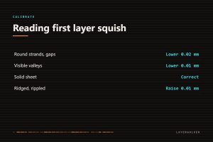 First layer squish guide: round strands with gaps means lower Z by 0.02 mm, visible valleys means lower 0.01 mm, a solid sheet is correct, a ridged rippled surface means raise 0.01 mm.