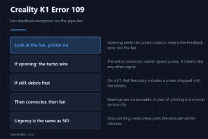 Creality K1 Error 109 — Fan feedback exception on the pipe fan