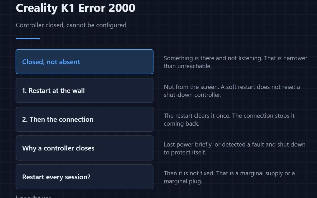 Creality K1 Error 2000 — Controller closed, cannot be configured
