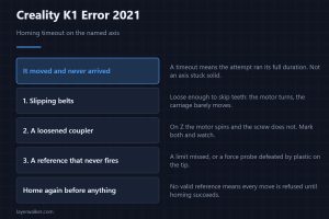 Creality K1 Error 2021 — Homing timeout on the named axis