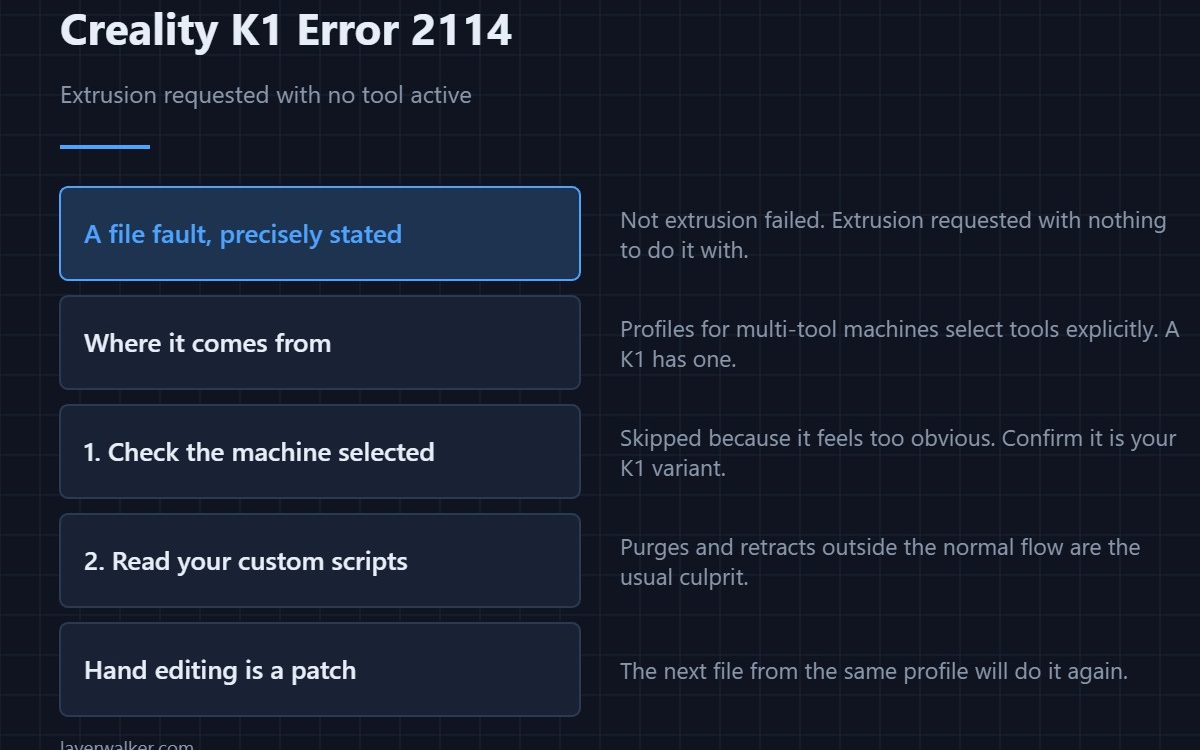 Creality K1 Error 2114 — Extrusion requested with no tool active