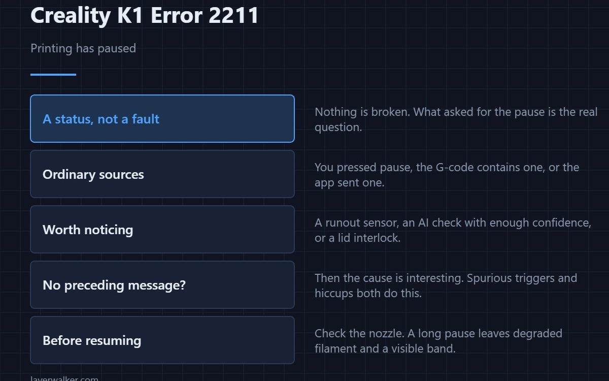 Creality K1 Error 2211 — Printing has paused