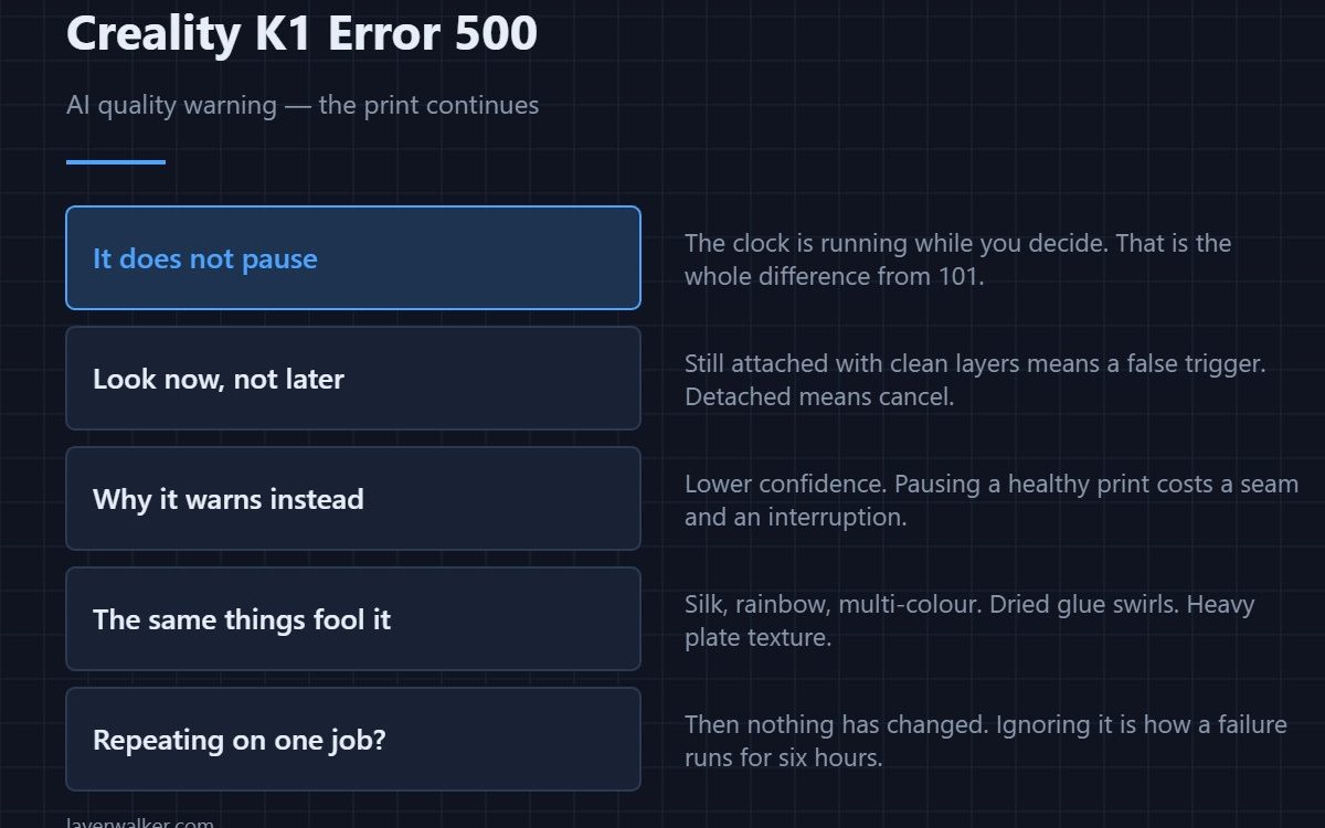 Creality K1 Error 500 — AI quality warning — the print continues