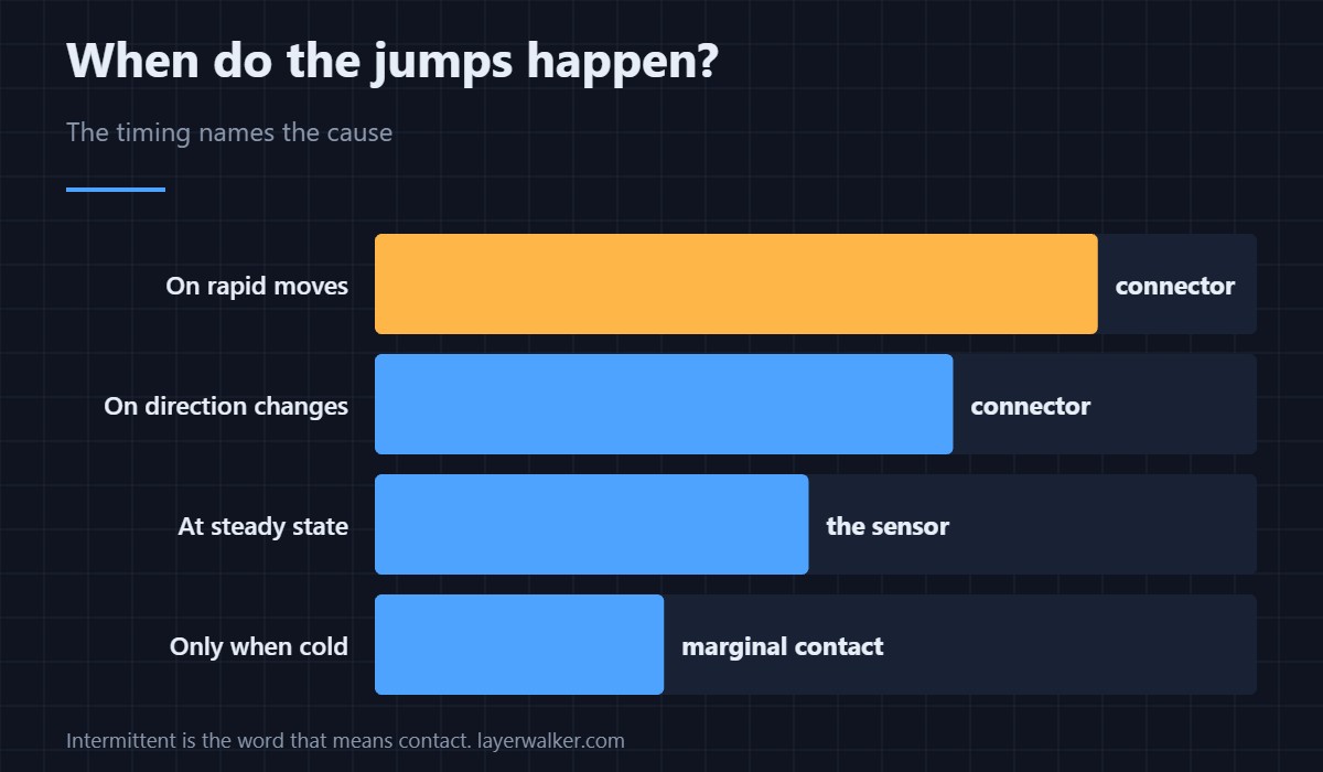 Data that jumps rather than drifts. Poor contact is the classic cause.