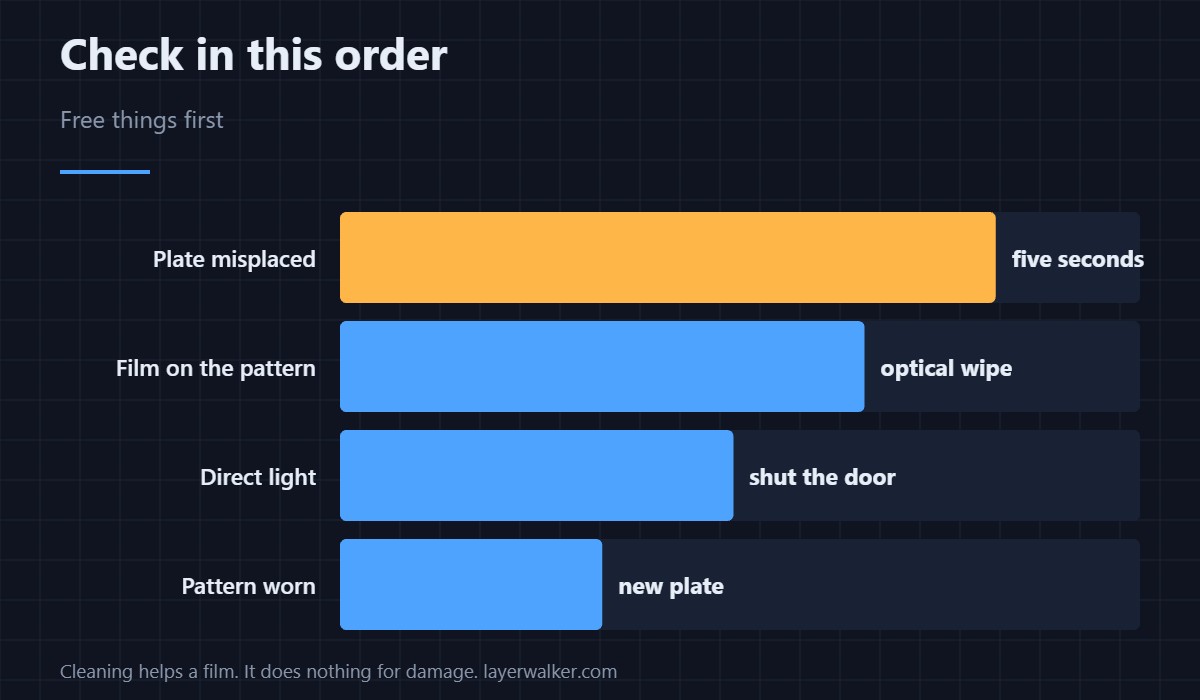 Three causes named, and plate misplacement is the one to check first.