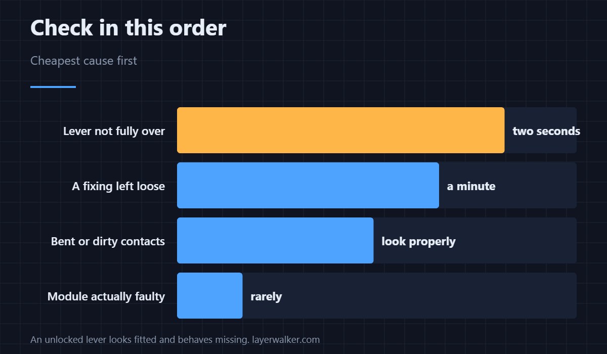 The message names the quick-release lever. Check it before anything else.