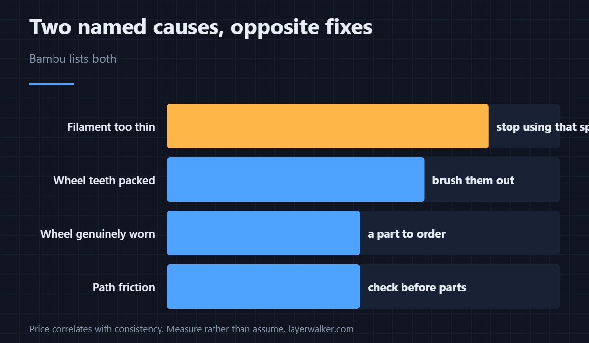 Two named causes, opposite fixes — Bambu lists both