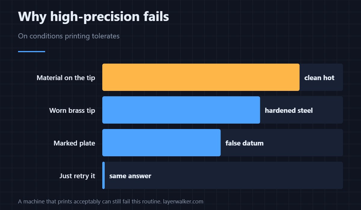 Precision calibration needs a clean nozzle and an unworn one.
