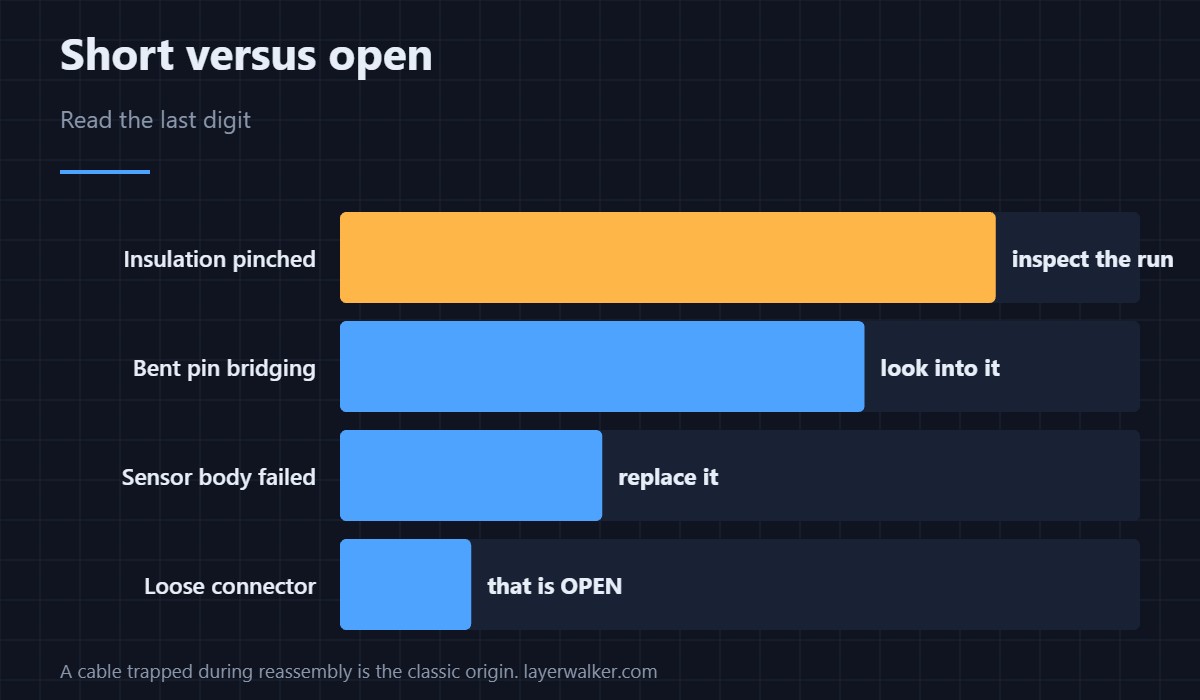 Short, not open. That one word changes which fault you go looking for.