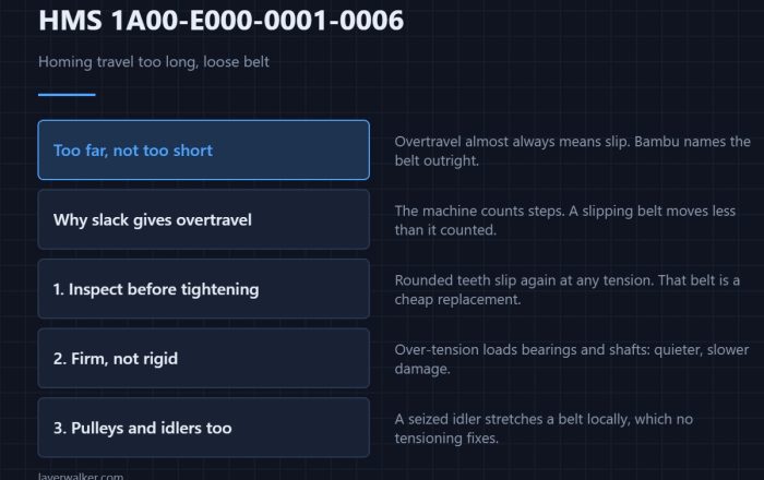 HMS 1A00-E000-0001-0006 — Homing travel too long, loose belt